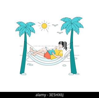 Vector illustration of a woman relaxing on a hammock between palm trees, reading a book under the sun. The scene captures leisure, tranquility, and the joy of reading outdoors. Stock Vector