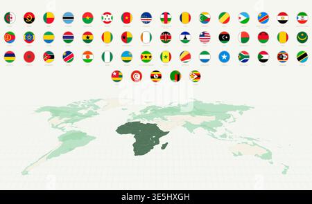 Collection of Round Flags of Africa with Africa Highlighted on a World Map. Vector flag set. Stock Vector