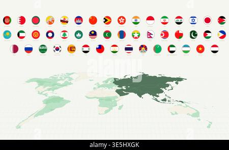 Collection of Round Flags of Asia with Asia Highlighted on a World Map. Vector flag set. Stock Vector