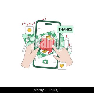 Hands holding a smartphone to photograph a Thanksgiving dinner spread with turkey and lemon slices. In the background, chat icons appear, depicting gratitude. Vector illustration. Stock Vector