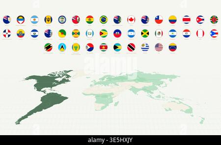 Collection of Round Flags of America with America Highlighted on a World Map. Vector flag set. Stock Vector