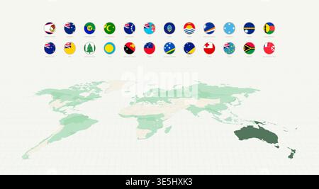 Collection of Round Flags of Oceania with Oceania Highlighted on a World Map. Vector flag set. Stock Vector
