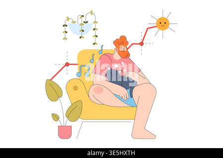 A man sits on a comfortable chair holding a cat, surrounded by calming elements like plants and music notes. The illustration conveys a peaceful, homely atmosphere. Stock Vector