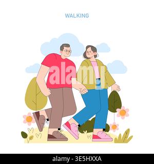 Elderly couple happily holding hands while walking outdoors in nature. This vector illustration captures joy and companionship with trees, flowers, and a peaceful setting. Stock Vector