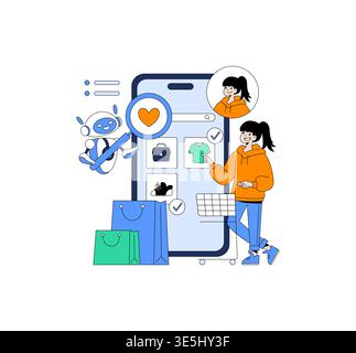 Vector illustration showing a person shopping online using a smartphone with AI assistance. A friendly robot interacts with her, aiding in selecting products from the app. Stock Vector