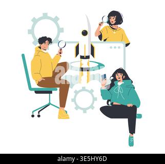 Vector illustration depicting a team collaborating on a rocket launch concept. Three individuals observe a digital rocket model with focus and curiosity, symbolizing innovation and teamwork. Stock Vector
