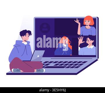 Vector illustration of an online meeting with a person engaging via laptop and three others on screen. They are actively communicating, displaying interest in the conversation. Stock Vector