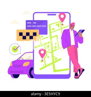 Vector illustration of a man using a ride-sharing app on a smartphone. The colorful graphic includes a car, map, and credit card, highlighting modern transportation technology. Stock Vector