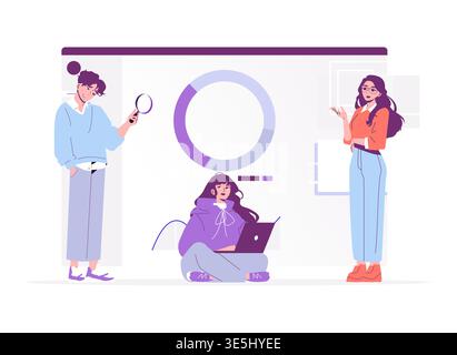 Vector illustration of a team analyzing data with charts. Three people collaborating, one on a laptop, others discussing and observing. Effective teamwork and data sharing concept. Stock Vector