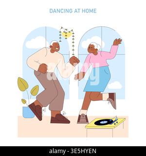 Senior couple enjoying a joyful dance at home. The illustration shows them smiling and celebrating life, filled with happiness and movement in a cozy living room setting. Stock Vector