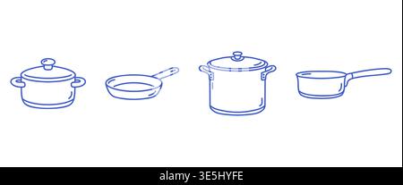 Cookware icons set with cooking pot with lid, frying pan, stockpot and saucepan. Blue line vector on white background. Stock Vector