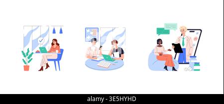 Vector illustration depicting three workplace scenarios: a woman working at a desk, a team collaborating with laptops, and a doctor consulting a patient with a digital tablet. Stock Vector