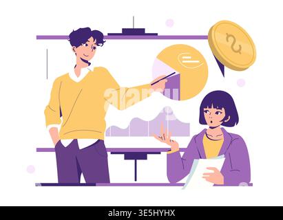 Vector illustration of a business presentation with two colleagues engaged in discussing charts. The scene features a man pointing at a pie chart while a woman holds documents. Stock Vector