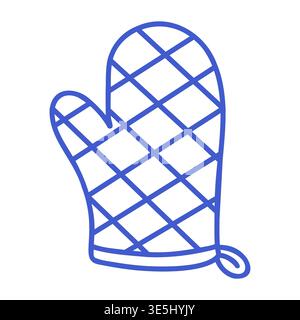 Oven mitt in blue line art style. Hand drawn icon. Outline vector isolated illustration.  Stock Vector