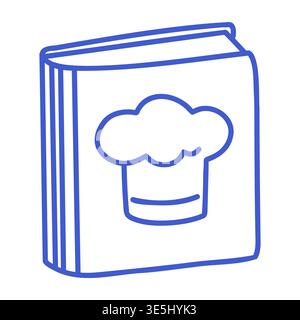Cookbook in blue line art style. Hand drawn icon. Outline vector isolated illustration.  Stock Vector