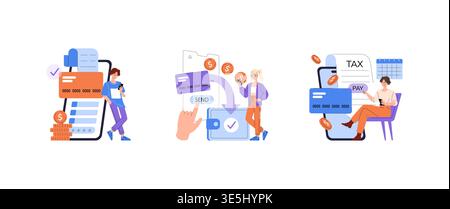 Vector illustration of people using mobile devices for online financial transactions and tax filing. Depicts a person sending money, digital receipts, and tax payment reminders. Stock Vector