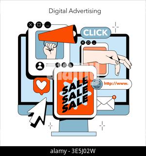 Digital advertising vector illustration showcasing online sale elements with icons like megaphone, hand clicking, and messaging. Ideal for marketing, social media, and e-commerce visuals. Stock Vector