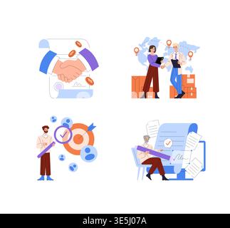 Vector illustration depicting business collaboration with handshakes, global partnerships, contract signing, and strategic planning. Figures engage in activities symbolizing success. Stock Vector