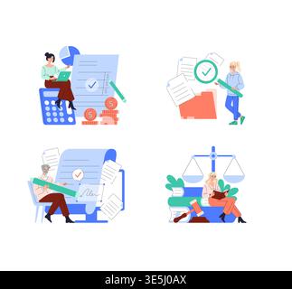 Business vector illustration set depicting various finance-related actions. Characters interact with elements like calculators and documents, showcasing accounting, analysis, and legal themes. Stock Vector