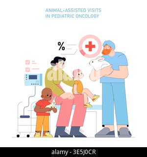 Vector illustration depicting a pediatric oncology ward where children experience the benefits of animal-assisted therapy. A calming scene with children interacting with rabbits, enhancing their well-being. Stock Vector