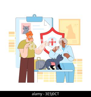 Vector illustration of a veterinary consultation. A vet talks with a pet owner about the health of a cat on the table. The setting includes medical charts and a pet carrier. Stock Vector
