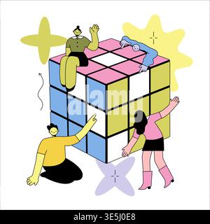 Vector illustration featuring various characters engaging with a large Rubik's Cube. The scene displays cooperation and creativity as individuals explore the colorful puzzle together. Stock Vector