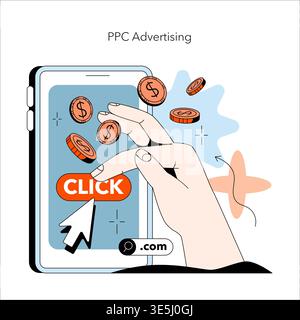 Vector illustration of a hand clicking a PPC advertising button on a smartphone screen with floating coins. Ideal for concepts related to online marketing, pay-per-click, and digital advertising. Stock Vector