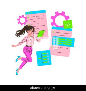 Vector illustration of a woman engaged in coding activities with a tablet. The image displays programming elements like code, gears, and digital interfaces highlighting tech creativity. Stock Vector