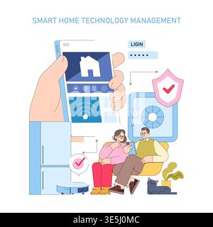 Smart home management illustration featuring a person holding a device displaying home control options. Seated couple reviews smart security features on a tablet. Vector illustration. Stock Vector