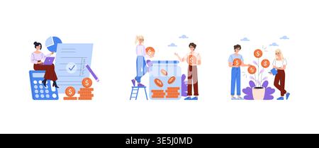 Vector illustration featuring people engaging in financial activities. Includes calculations, saving coins in jars, and nurturing investments, symbolizing financial planning and growth. Stock Vector