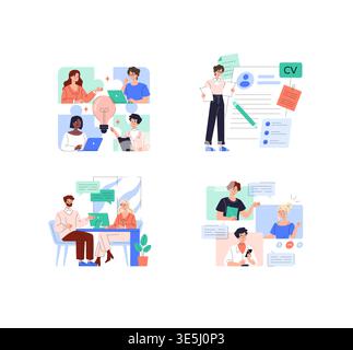 Vector illustration of diverse individuals in team meetings, brainstorming new ideas, reviewing resumes, and engaging in video calls. Emphasizes collaboration and creativity in a professional setting. Stock Vector