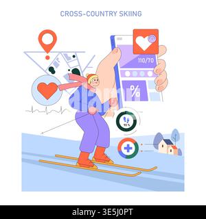 Vector illustration of a person skiing while using a health monitoring app. The image includes elements like a smartphone interface, heart rate, and location symbols for activity tracking. Stock Vector