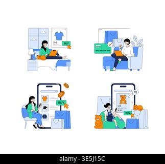 Vector illustration of people engaging in online shopping from various devices. They interact with laptops and smartphones, showcasing digital shopping experiences in different settings. Stock Vector