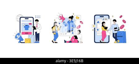 Vector illustration of people engaging with social media marketing strategies on mobile devices. Characters interact with digital ads, social networks, and branding concepts. Stock Vector