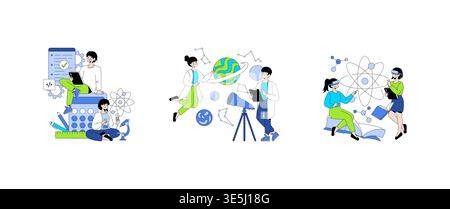 Vector illustration showing groups engaging in various scientific and tech-related tasks. The image includes coding, astronomy with a telescope, and analyzing atomic structures with VR. Stock Vector
