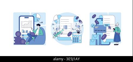 Vector illustration of individuals interacting with digital financial platforms showing blockchain data analysis and AI-assisted payment processing, highlighting technology-driven transactions. Stock Vector