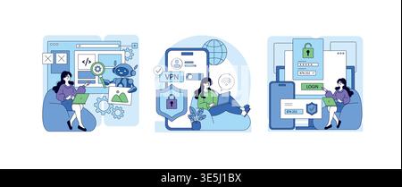 Vector illustration showing a woman using cybersecurity tools. Scenes include programming, VPN access, and secure login. Emphasizes digital security and online safety measures. Stock Vector