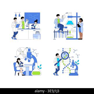 Scientists collaborate on experiments in a laboratory setting using microscopes and flasks. The vector illustration shows diverse professionals engaging in scientific research and analysis. Stock Vector