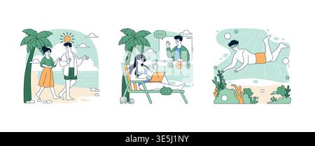 Three scenes depict beach activities. A couple walks along a sunny shore, a person works remotely with a laptop, and a swimmer explores underwater corals. Vibrant vector illustration enhances a beach lifestyle theme. Stock Vector