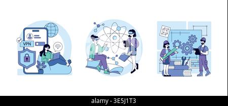Vector illustration set showcasing diverse technological activities. First design depicts VPN security with a woman using a laptop. Second features virtual reality learning with two people. Third illustrates teamwork in engineering projects. Stock Vector