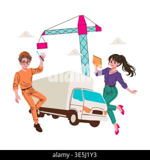 Vector illustration showing two cheerful individuals interacting with construction equipment and a truck. They hold a tablet and pen, actively engaged in planning and development activities. Stock Vector