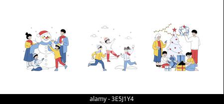 Vector illustration of joyful families enjoying winter activities and Christmas preparations. Families building a snowman, having a snowball fight, and decorating a Christmas tree. Stock Vector