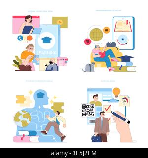 Set of four vector illustrations showcasing digital learning and language acquisition. Illustrations include social media education, language learning, continuous learning psychology, and digital skill badges. Stock Vector