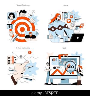 Vector illustration set showcasing digital marketing strategies. Includes concepts of target audience analysis, social media marketing, email campaigns, and SEO optimization. Stock Vector