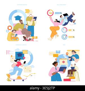 Vector illustrations depict scenarios of online education, skills development, and MOOCs. Characters are engaged with digital devices and graphics, symbolizing learning as a lifestyle. Stock Vector