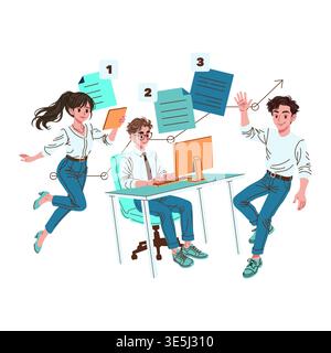 Vector illustration of teamwork in an office setting with three people collaborating. One uses a computer while others engage with tasks. Concept of planning and communication in action. Stock Vector