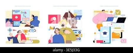Vector illustration of three scenarios in online education. Features gamification in adult learning, career switching through e-learning, and mobile education apps enhancing digital learning experiences. Stock Vector