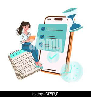 Vector illustration of a woman sitting on a calendar, holding a tablet. A large smartphone with a checklist and hourglass represents time management and task organization. Stock Vector