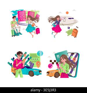 Vector illustrations depicting travel bookings and exploring adventures. Features people booking hotels, rushing to flights, renting cars, and navigating with maps on mobile devices. Stock Vector