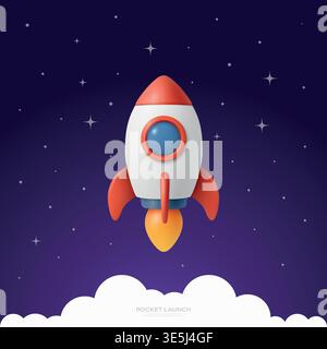 Vector Rocket Launch in Space Background with Stars. Cartoon Spaceship Taking Off Above Clouds. Cute Space Travel Illustration. Night Sky Scene Stock Vector